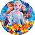 Kulatý jedlý obrázek na dort: Elsa, Anna, Olaf a Sven na ledovém pozadí s podzimním listím v okraji