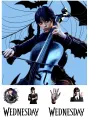 Wednesday Addams hrající na černé violoncello na modrém pozadí s netopýry a medailonky, jedlý obrázek na dort