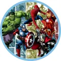 Kulatý jedlý obrázek na dort s pěticí Avengers, zeleným Hulkem, Spider-Manem, Iron Manem, Kapitánem Amerikou a Thorem na komiksovém pozadí.