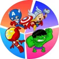 Kulatý jedlý obrázek s animovanými hrdiny Avengers ve čtyřech výsečích: Kapitán Amerika, Thor, Iron Man a Hulk, jedlý obrázek na dort