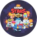 Kulatý jedlý obrázek na dort: postavy z Brawl Stars, modrý robot se zmrzlinou, logo hry na tmavě fialovém pozadí s oranžovými výbuchy.