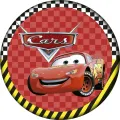 Kulatý jedlý obrázek s autem Blesk McQueen na červené šachovnici a stříbrným logem Cars, jedlý obrázek na dort