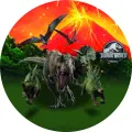 Tyranosaurus, triceratops a stegosaurus před sopkou s lávou, s ptakoještěry na obloze, jedlý obrázek na dort