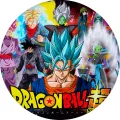 Kulatý jedlý obrázek s bojovníky Vegito, Goku Black a Trunks ze série Dragon Ball, zářivé barvy, jedlý obrázek na dort