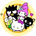 Hello Kitty s tučňákem Badtz-Maru, My Melody, Keroppi a Chococat na kulatém pastelovém pozadí se žlutými hvězdičkami, jedlý obrázek na dort