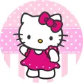 Kulatý jedlý obrázek s bílou kočičkou Hello Kitty v růžových puntíkovaných šatech, s velkou růžovou mašlí, mávající na růžovém pozadí, jedlý