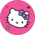 Bílá kočička Hello Kitty s fialovou mašlí a barevnými konfetami na růžovém pozadí, jedlý obrázek na dort