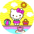 Hello Kitty v plavkách u bazénu s nafukovacím donutem, míčem a sluníčkem na žlutém pozadí, jedlý obrázek na dort