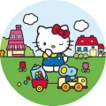 Hello Kitty s červenou mašlí a myškou v modrém autíčku na louce s tulipány, jedlý obrázek na dort