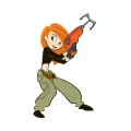 Kim Possible v bojové pozici s oranžovým vystřelovacím hákem, zrzavé vlasy, černý top a zelené kalhoty, jedlý obrázek na dort