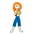 Kim Possible v žlutém tričku, modrých kalhotách a s batohem na bílém pozadí, jedlý obrázek na dort