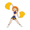 Kim Possible v modrožlutém roztleskávacím dresu s pompony v rukou na bílém pozadí, jedlý obrázek na dort