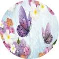 Kulatý jedlý obrázek se dvěma fialovými motýly a květy orchidejí v bílých a lila tónech, obrázek na dort