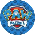 Kulatý jedlý obrázek s logem Paw Patrol, červeným štítem s bílou tlapkou a nápisy PAW PATROL na sytě modrém pozadí, pro dort