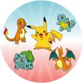 Kulatý jedlý obrázek s Pikachuem, Charmanderem, Squirtlem, Bulbasaurem a Charizardem na barevném pozadí, obrázek na dort