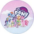 Kulatý jedlý obrázek na dort s poníky Twilight Sparkle, Rainbow Dash a Pinkie Pie a dráčkem Spikem na pastelovém nebi
