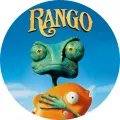 Chameleon Rango s oranžovou plovací rybou a žlutým nápisem na modrém pozadí, jedlý obrázek na dort