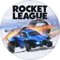 Modré sportovní auto v prudkém smyku s plameny a kouřem, v pozadí kovový míč a nápis Rocket League, jedlý obrázek na dort