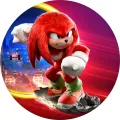 Červený ježek Knuckles v pohybu na desce před nočním městem s modrými věžemi, jedlý obrázek na dort