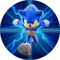 Modrý ježek Sonic v běhu s bílými rukavicemi a zelenýma očima na tmavě modrém pozadí s elektrickými výboji, jedlý obrázek na dort