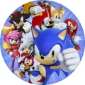 Jedlý obrázek na dort: modrý ježek Sonic s přáteli Amy, Shadow, Tails, Knuckles a čmelákem Charmy na modrém pozadí s paprsky