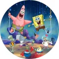 Kulatý jedlý obrázek se SpongeBobem a Patrikem na háčcích, kolem celá parta z Bikini Bottom na modrém mořském pozadí, jedlý obrázek na dort