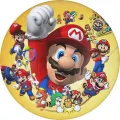 Kulatý jedlý obrázek se Super Mariem na žlutém pozadí, s několika herními podobami postaviček v červené a modré barvě, jedlý obrázek na dort