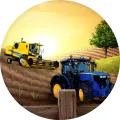 Modrý traktor a žlutý kombajn na poli při západu slunce, zlatavé světlo, zelené řádky, jedlý obrázek na dort