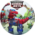 Kulatý jedlý obrázek s robotickým tyrannosaurem v modro-červeném provedení a dalšími dinosaury v přírodní krajině, jedlý obrázek na dort