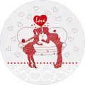Jedlý obrázek na dort: zamilovaný pár v červeném šrafování s předáním dárku, kolem srdíčka a balonek s nápisem Love na světlém pozadí