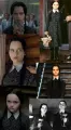 Černobílá fotokoláž Wednesday Addams s copánky, černými šaty s límečkem a jedem, jedlý obrázek na dort