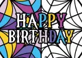 Hranatý jedlý obrázek s kruhovým oknem z Nevermore, jedna polovina barevná, druhá černobílá, nápis Happy Birthday, jedlý obrázek na dort