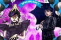 Wednesday Addams s černým deštníkem a rukou Věci na fialovém pozadí s blesky, balónky a stuhou Special Day, jedlý obrázek na dort