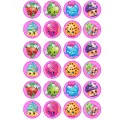 Kolečka s postavičkami Shopkins na růžovém pozadí, jedlý obrázek na dort pro cupcakes a muffiny
