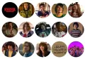 List jedlých koleček na cupcakes se postavami ze Stranger Things, včetně Jedenáctky a Steva, na tmavém pozadí – jedlý obrázek na dort