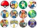 Kulaté jedlé obrázky na cupcakes s Pokémony: Ash s Pikachu, červenobílý Pokéball, Squirtle, Bulbasaur a Charizard, jedlý obrázek na dort