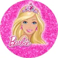 Kulatý jedlý obrázek s blond Barbie v stříbrné tiaře s růžovým srdcem na třpytivě růžovém pozadí, jedlý obrázek na dort