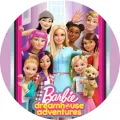 Barevný kulatý jedlý obrázek s Barbie, jejími kamarádkami a štěňátkem v růžových a modrých tónech, jedlý obrázek na dort