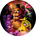 Kulatý jedlý obrázek s postavami Freddy, Bonnie, Chica, Foxy a Mangle z Five Nights at Freddy's na tmavém pozadí, jedlý obrázek na dort
