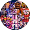 Kulatý jedlý obrázek s postavami z Five Nights at Freddy's: Funtime Freddy, Circus Baby a Freddy na tmavě modrém pozadí, jedlý obrázek na do