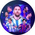 Kulatý jedlý obrázek na dort s Lionelem Messim v koláži dresů Argentiny, Barcelony a PSG na tmavě modrém pozadí, jedlý obrázek na dort