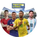 Kulatý jedlý obrázek se čtyřmi fotbalisty v barevných dresech a osvětleným stadionem v pozadí, jedlý obrázek na dort