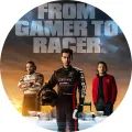 Kulatý jedlý obrázek Gran Turismo: mladý závodník v kombinéze Nismo, siluety tří postav, závodní vůz a nápis From Gamer to Racer, jedlý obrá