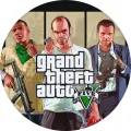 Kulatý jedlý obrázek s postavami Franklina, Trevora a Michaela z GTA V a logem hry s zeleným číslem pět, jedlý obrázek na dort