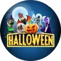Kulatý jedlý obrázek na dort s halloweenskými strašidly, žlutým nápisem Halloween, dýní, lebkou, netopýrem a upírem na tmavém nočním pozadí