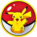 Kulatý jedlý obrázek se žlutým Pikachu s červenými líčky mávajícím z červeno-bílého pokéballu, jedlý obrázek na dort