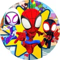 Kulatý jedlý obrázek na dort: Spiderman v červeno-modrém obleku skáče na žluté hvězdě vedle Ghost-Spider a Milese