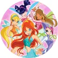 Kulatý jedlý obrázek s vílami Winx Bloom, Stellou a Florou na růžovém pozadí s jiskrami, jedlý obrázek na dort