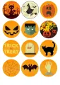Arch jedlých kolečka na muffiny s Frankensteinem, dýněmi, černou kočkou a nápisem Trick or Treat na oranžovém pozadí, jedlý obrázek na dort