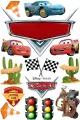 Jedlý obrázek na dort s Bleskem McQueenem, Burákem a modrým závodním vozem, doplněný znakem Piston Cup a kostkovanými vlajkami